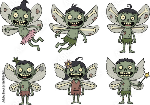 Cartoon zombie fairies with green skin, bone-pattern wings, ragged clothes, magical accessories, undead character vector illustration set for fantasy and Halloween themes