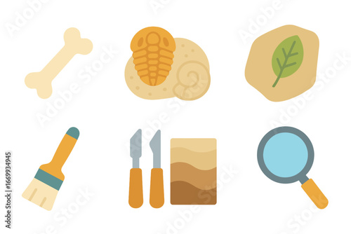 Fossil Discovery Icons. Flat vector mini-illustrations Fossil excavation discoveries in colors children's illustrations: dinosaur