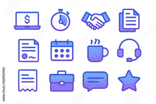 Freelance Icon Set. Gradient icons set of freelancing and gig economy: laptop with dollar, time tracker, handshake, project files,