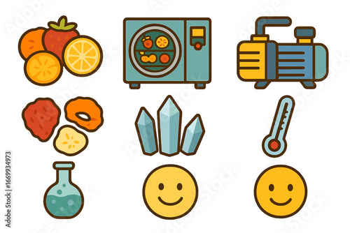 Freeze-Drying Fruits Illustrated. Flat vector mini-illustrations Freeze-drying fruits in colors children’s illustrations: fruit