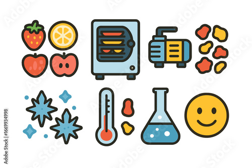 Freeze-Drying Fruits Illustrated. Flat vector mini-illustrations Freeze-drying fruits in colors children’s illustrations: fruit