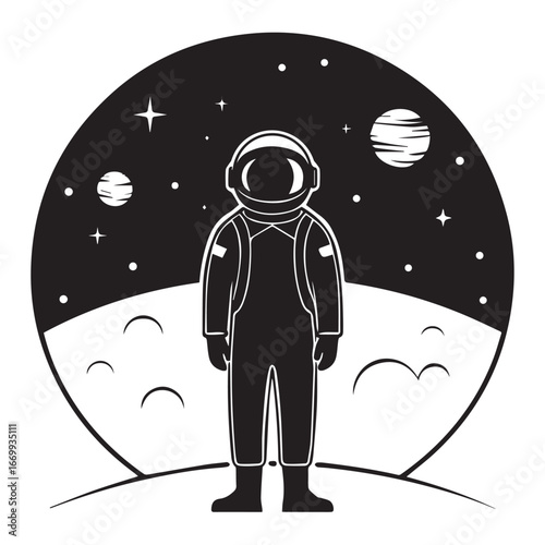 Astronaut stands on a lunar surface beneath a starry sky with planets symbolizing exploration and the vastness of space