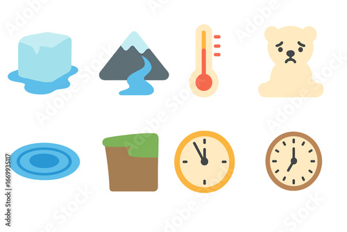 Glacier Melting Icons. Flat vector mini-illustrations Glacier melting and retreat in colors children’s illustrations: glacier