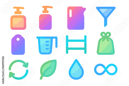 Gradient Refillable Icons. Gradient icons set of refillable product packaging: soap dispenser, shampoo pump, refill pouch, funnel,
