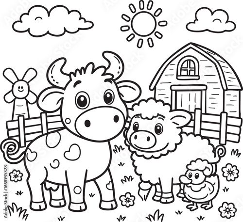 Farm animals cow sheep and duck with barn and windmill