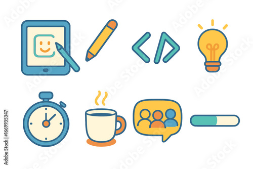 Hackathon Vector Icons. Flat vector mini-illustrations Digital art hackathon in colors children's illustrations: tablet, stylus,