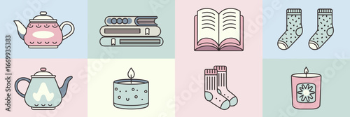 Flat vector icons of cozy lifestyle items with teapot, books, and candle