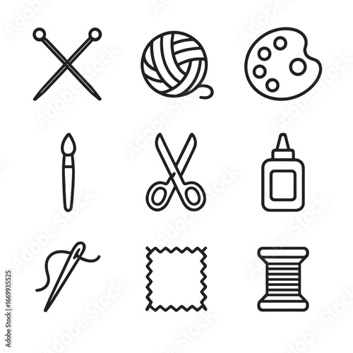 Home Craft Icons. Outline icon set of home crafts: knitting needles, yarn ball, paint palette, paintbrush, scissors, glue bottle,