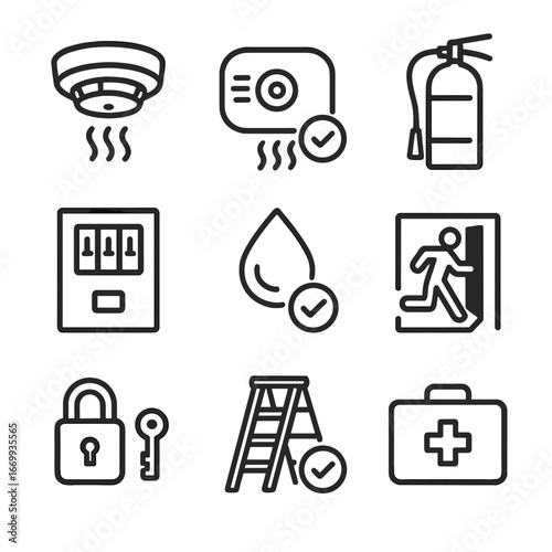 Home Safety Icons. Outline icon set of home safety and inspection checks: smoke detector, carbon monoxide alarm, fire extinguisher