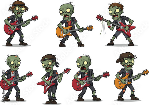 Cartoon zombie guitar player vector set, undead rock band characters with electric guitars, horror music theme, funny poses, isolated illustration, Halloween vibe