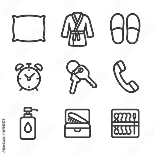 Hotel Amenities Icons. Outline icon set of guest requests and amenities: extra pillow, bathrobe, slippers, wake-up call, room key,