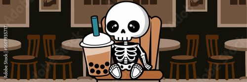 Cute kawaii skeleton holding boba tea cup in cozy cafe