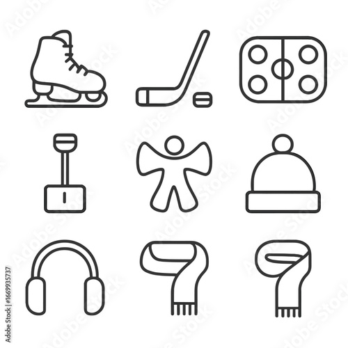 Ice Adventure Icons. Outline icon set of ice adventures: ice skate, hockey stick, puck, rink outline, snow shovel, snow angel