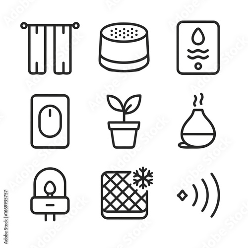 Ideal Sleep Icons. Outline icon set of ideal sleep environment: blackout curtains, white noise speaker, air purifier, dimmer