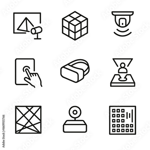 Immersive Icon Set. Outline icon set of immersive digital installations: projection mapping, LED cube, motion sensor, interactive