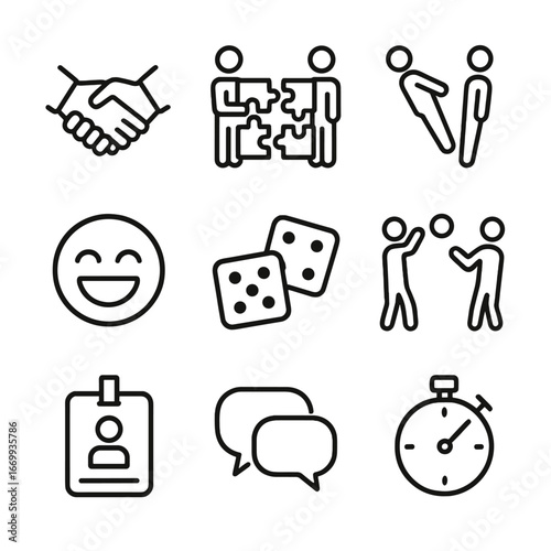 Icebreaker Game Icons. Outline icon set of icebreaker games and activities: handshake camaraderie, team puzzle pieces, trust fall
