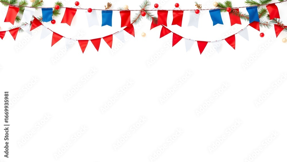 Obraz premium Luxury photorealistic holiday background with bunting garlands top and soft cream blank copy space