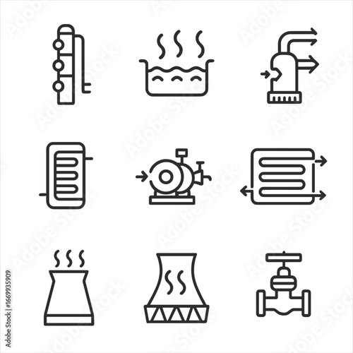 Industrial Evaporation Icons. Outline icon set of industrial evaporation processes: distillation column, evaporator pan, steam