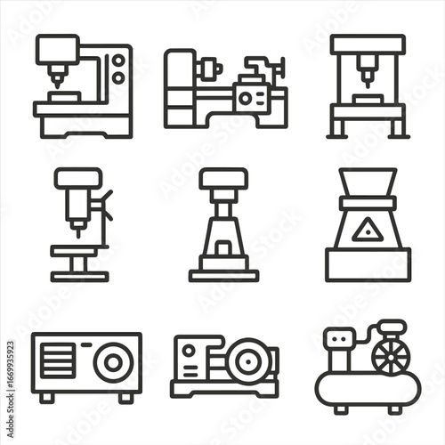 Industrial Machinery Icons. Outline icon set of heavy industrial machinery: CNC milling machine, industrial lathe, hydraulic press