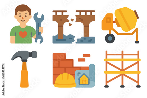 Infrastructure Repair Icons. Flat vector mini-illustrations Infrastructure repair and reconstruction in colors children's