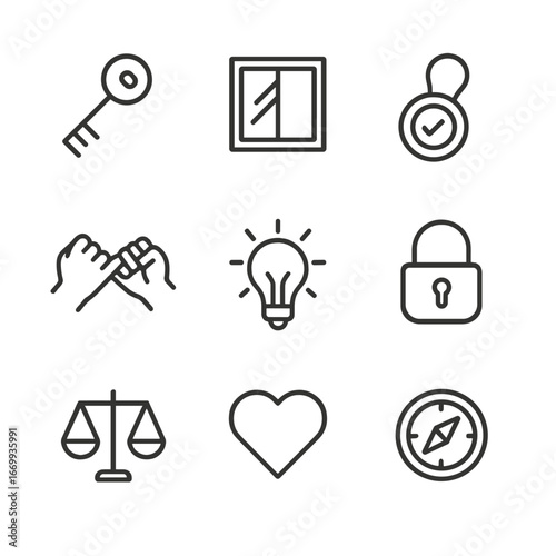 Integrity Symbols Icon Set. Outline icon set of symbols of integrity and truth: honesty key, transparency window, authenticity