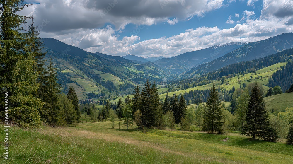 Fototapeta premium Mountain Valley Landscape With Lush Green Forest