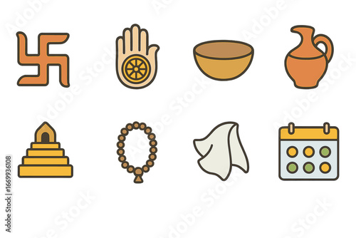 Jain Spiritual Symbols. Flat vector mini-illustrations Jain Paryushana fasting in colors children's illustrations: swastika symbol
