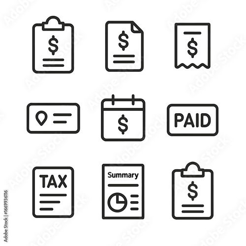 Invoice Icons Set. Outline icon set of bill folder and invoice documents: bill folder, invoice sheet, receipt stub, billing