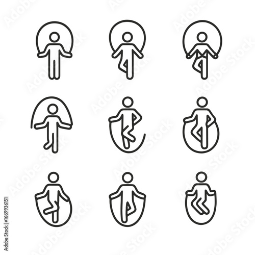Jump Rope Icon Set. Outline icon set of skipping techniques: basic skip, double under, criss-cross, side swing, high knee skip,