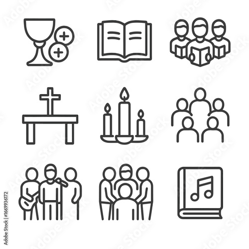 Joint Worship Icon Set. Outline icon set of joint worship services: shared communion cup, open Bible, choir group, altar table,