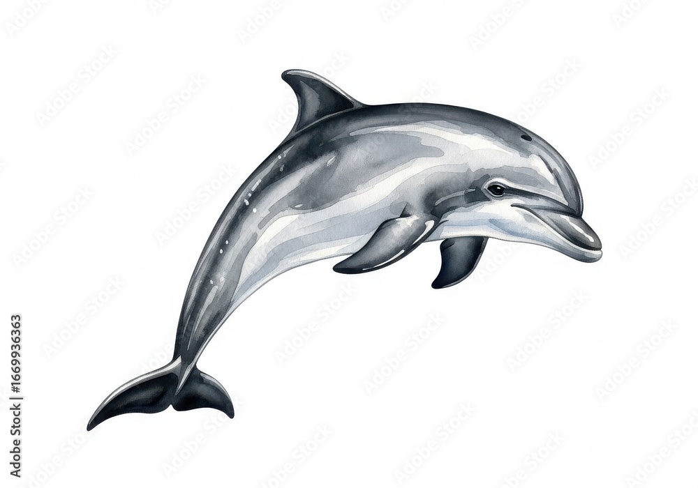 Fototapeta premium Watercolor dolphin jumping out of water isolated on transparent background