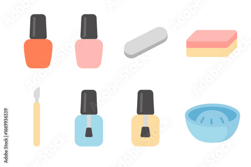 Kids' Manicure Set. Flat vector mini-illustrations Nail polish and manicure tools in colors children's illustrations: nail polish