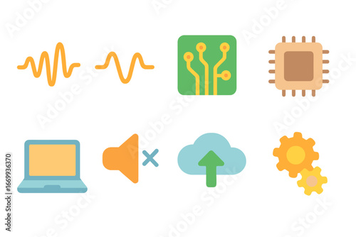 Kids' Tech Noise Icons. Flat vector mini-illustrations Technological noise reduction in colors children's illustrations: