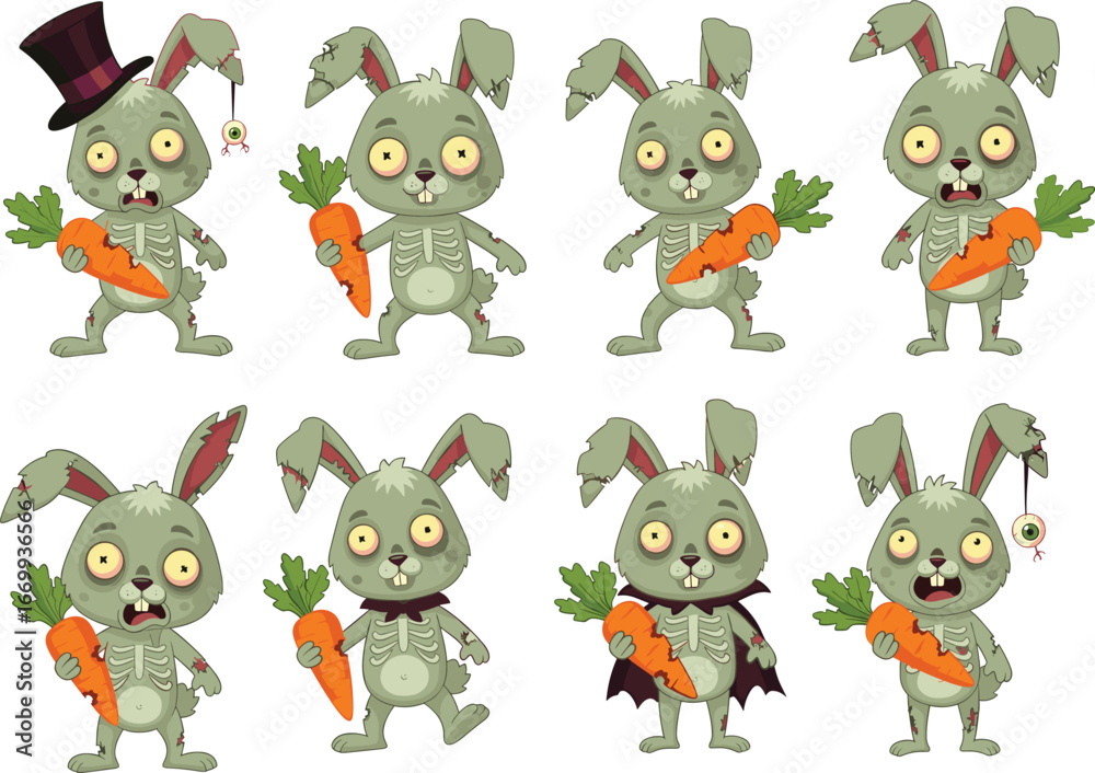 Naklejka premium Cartoon zombie rabbits holding carrots with creepy expressions, pale green skin, exposed ribs, humorous undead character vector illustration set for Halloween themes