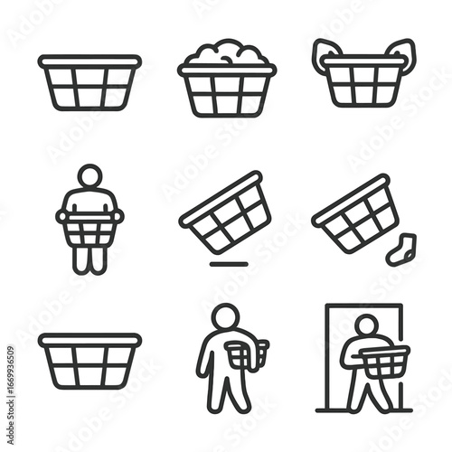 Laundry Icons Set. Outline icon set of laundry basket handling: empty basket, full basket, carrying handles, lifting silhouette,