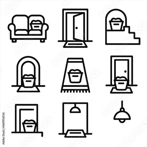 Laundry Pathways Icons. Outline icon set of home pathways for laundry transport: living room couch, hallway corridor, staircase