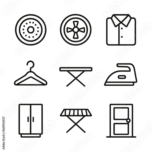 Laundry Icons Set. Outline icon set of post-laundry activities: washing machine drum, dryer drum, folded shirt, coat hanger,