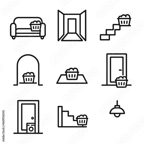 Laundry Pathways Icons. Outline icon set of home pathways for laundry transport: living room couch, hallway corridor, staircase
