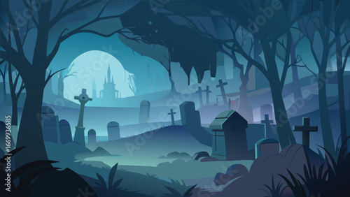 A dark, eerie graveyard with weathered tombstones and gnarled trees silhouetted against a cloudy sky.