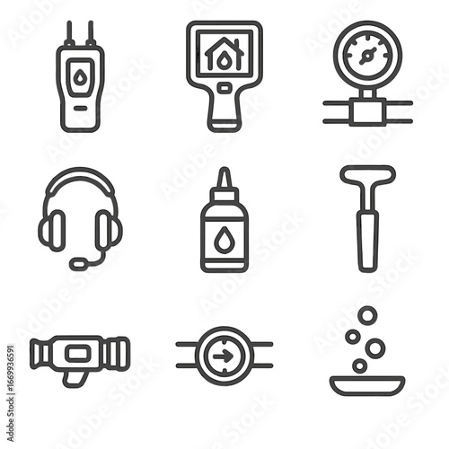 Leak Detection Icons. Outline icon set of leak detection tools: moisture sensor, infrared camera, pressure gauge, acoustic leak