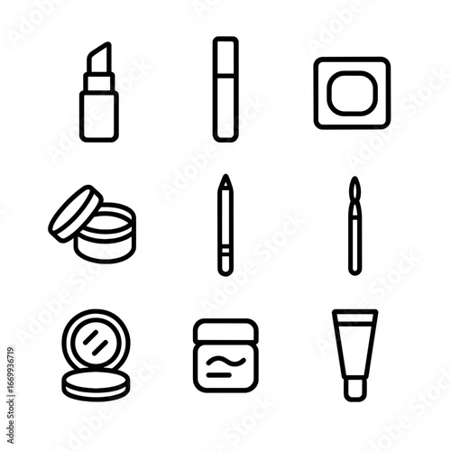 Lipstick Icon Set. Outline icon set of lipstick palette with lip brush: lipstick tube, lip gloss tube, matte lipstick pan, tinted