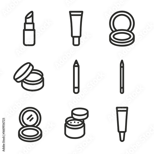 Lipstick Icon Set. Outline icon set of lipstick palette with lip brush: lipstick tube, lip gloss tube, matte lipstick pan, tinted