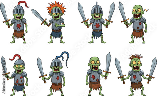 Cartoon zombie warriors with swords and helmets, green skin, tattered outfits, undead fighter character vector illustration set for horror and fantasy themes