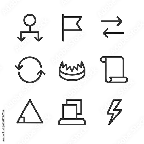 Logic Icon Set. Outline icon set of logic and reasoning: syllogism arrows, proposition flag, inference arrows, paradox loop,