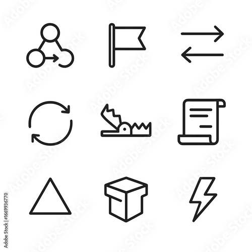 Logic Icon Set. Outline icon set of logic and reasoning: syllogism arrows, proposition flag, inference arrows, paradox loop,