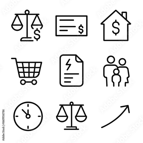 Living Wage Icons. Outline icon set of living wage concepts: minimum wage scale, paycheck stub, cost of living house, grocery cart