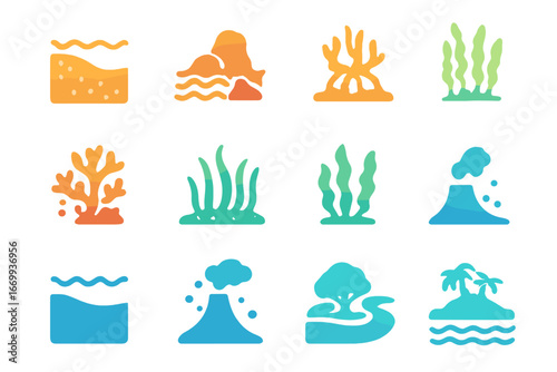 Marine Habitat Icons. Gradient icons set of marine habitat types: sandy seabed, rocky shore, mangrove swamp, coral reef, seagrass