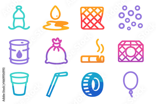 Marine Pollution Icons. Gradient icons set of marine pollution sources: plastic bottle, oil spill, fishing net, microbeads,