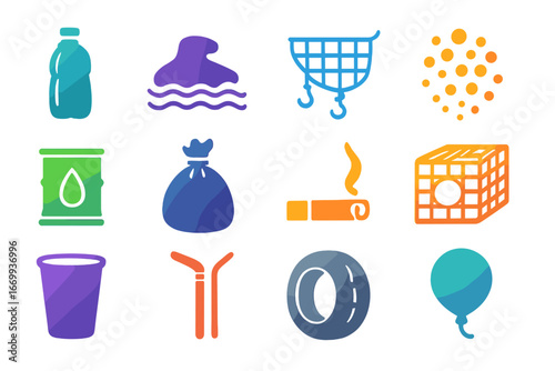 Marine Pollution Icons. Gradient icons set of marine pollution sources: plastic bottle, oil spill, fishing net, microbeads,
