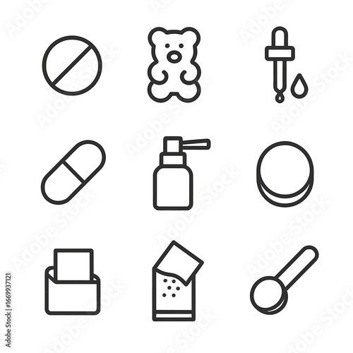 Melatonin Supplement Icons. Outline icon set of melatonin supplement forms: tablet, gummy bear, liquid dropper, capsule, spray